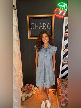 Calzedonia Corey Acid Wash Denim Shirtdress with Pearl Beaded Shoulders